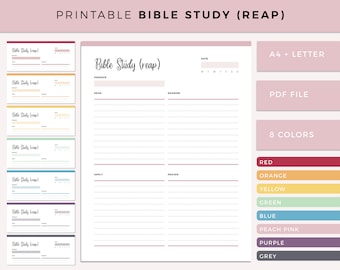 May include: Printable Bible study planner with the text "Bible Study (reap)" in a handwritten font. The planner is divided into sections for "Passage", "Read", "Examine", "Apply", and "Prayer". The planner is available in 8 colors: red, orange, yellow, green, blue, peach pink, purple, and grey.