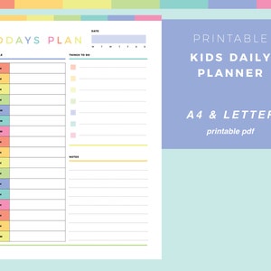 Planificador diario imprimible para niños, tabla de rutinas para niños, horario diario para niños, organizador de estudiantes escolares, planificador de arcoíris para niños, A4 y carta