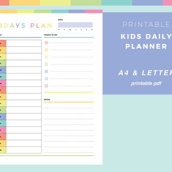 Printable Daily Planner for Kids, Childrens routine chart, Kids Daily Schedule, school student organizer, rainbow planner kids, A4 & Letter