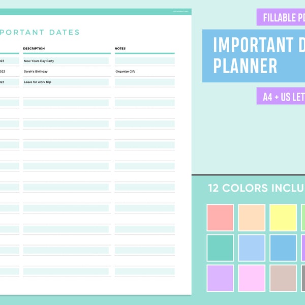 Editable important dates tracker printable, Fillable Important Dates Planner, Important Dates Template, Important Events PDF file,