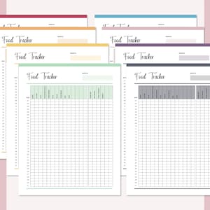 Op de afbeelding: Set van zes printbare food tracker-pagina's in verschillende kleuren: rood, oranje, geel, groen, paars en grijs. Elke pagina heeft de titel "Food Tracker" en kolommen voor dag, maaltijd, eiwit, koolhydraten, vet, calorie&euml;n en notities.