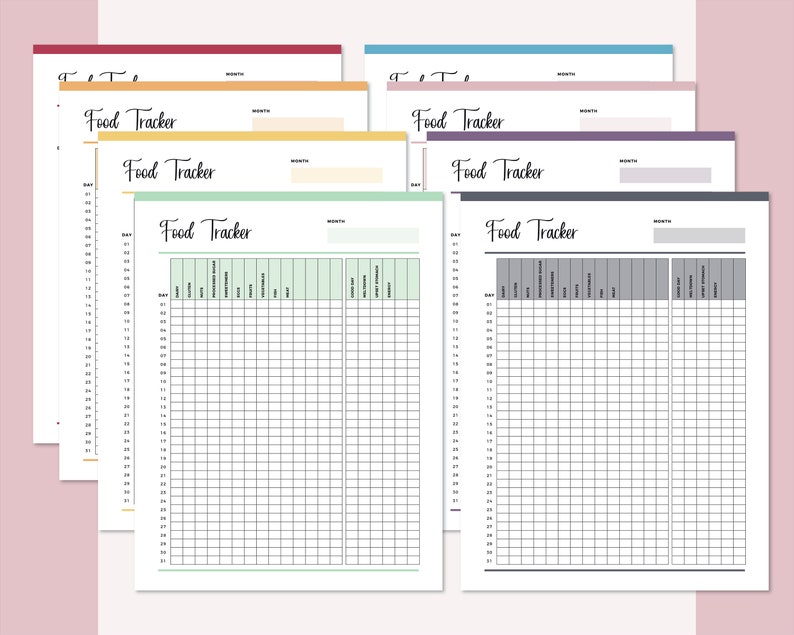 Op de afbeelding: Set van zes printbare food tracker-pagina's in verschillende kleuren: rood, oranje, geel, groen, paars en grijs. Elke pagina heeft de titel "Food Tracker" en kolommen voor dag, maaltijd, eiwit, koolhydraten, vet, calorie&euml;n en notities.