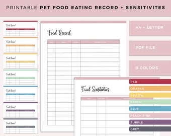 Printable Pet Eating Record, Test Foods With your Pets, Food Sensitivity Chart, Pet Wellness Tracker, Dog Food Tracker, Cat Food Tracker