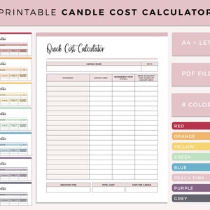 Calculadora de costos de velas imprimible, Calculadora de finanzas para la fabricación de velas, Costo por vela, Hoja de precios comerciales de velas, A4 y Carta