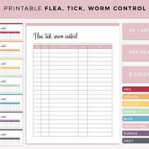 Printable Flea, Tick and Worm Control Log, Pet Care Health Records, Dog Health, Cat Health, Treatment Tracker, Pet Care Template