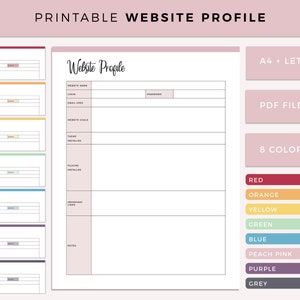 Può includere: Modello di profilo del sito Web stampabile in rosa con un bordo grigio chiaro. Il modello include sezioni per il nome del sito Web, l'accesso, l'e-mail utilizzata, gli obiettivi del sito Web, il tema installato, i plugin installati, i link importanti e le note. Il modello è disponibile in 8 colori: rosso, arancione, giallo, verde, blu, rosa pesca, viola e grigio. Il modello è disponibile nei formati A4 e Letter e in formato PDF.