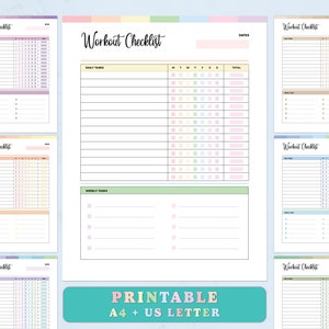 May include: Printable workout checklist template with a colourful design. The checklist includes sections for daily tasks, weekly tasks, and a weekly workout log. The template is available in A4 and US Letter sizes.