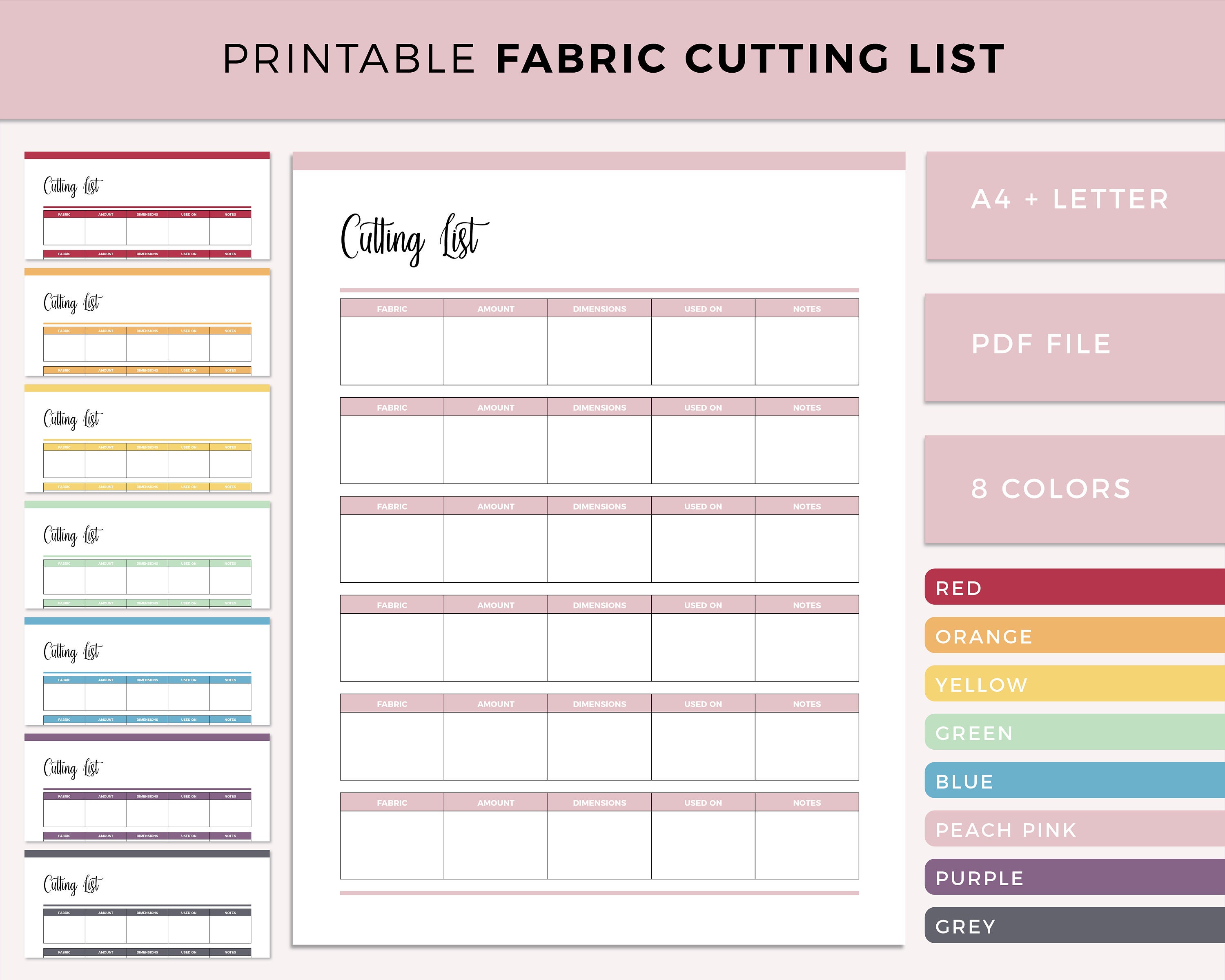 Printable Fabric Cutting List, Quilting Fabric Cutting, Sewing Fabric Cut  Template, Cutting List for Quilters 