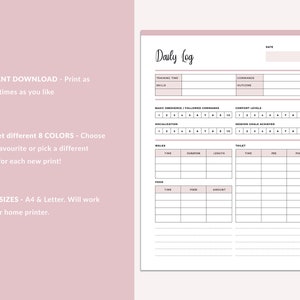 May include: Printable daily log for tracking dog training progress. Includes sections for training time, skills, commands, outcome, basic obedience, comfort levels, socialization, session goals achieved, walks, toilet, and food.