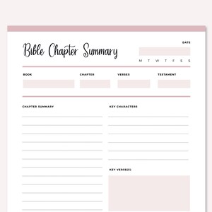 Single page Bible Chapter Summary template with pink header bar, showing date field with weekly calendar, book/chapter/verses/testament row, chapter summary and key characters sections with multiple dotted lines, key verse(s) box, and notes area.