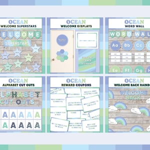 Puede incluir: Colecci&oacute;n de decoraciones para el aula con tem&aacute;tica oce&aacute;nica. Incluye carteles con t&iacute;tulos como "Welcome Superstars", "Word Wall" y "Alphabet Cut Outs". La combinaci&oacute;n de colores es azul, verde y blanco.