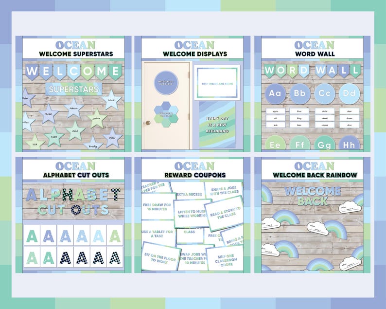 Puede incluir: Colecci&oacute;n de decoraciones para el aula con tem&aacute;tica oce&aacute;nica. Incluye carteles con t&iacute;tulos como "Welcome Superstars", "Word Wall" y "Alphabet Cut Outs". La combinaci&oacute;n de colores es azul, verde y blanco.