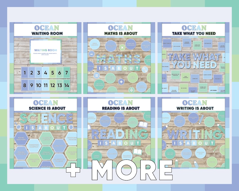 Puede incluir: Un conjunto de seis carteles educativos con tem&aacute;tica oce&aacute;nica en tonos azules y verdes. Cada cartel presenta texto como "Waiting Room", "Maths is About", "Take What You Need", "Science is About", "Reading is About" y "Writing is About".
