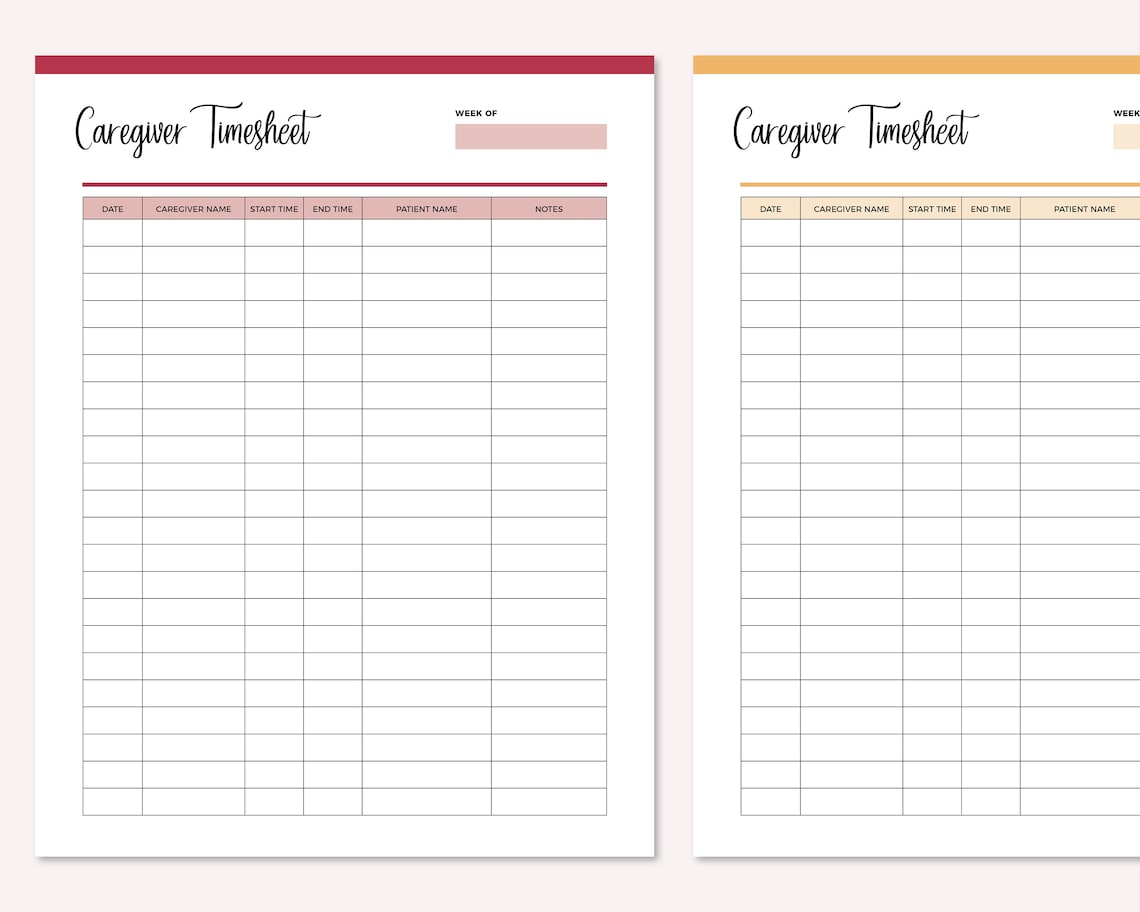 Printable Caregiver Timesheet Home Health Care Time Sheet Etsy