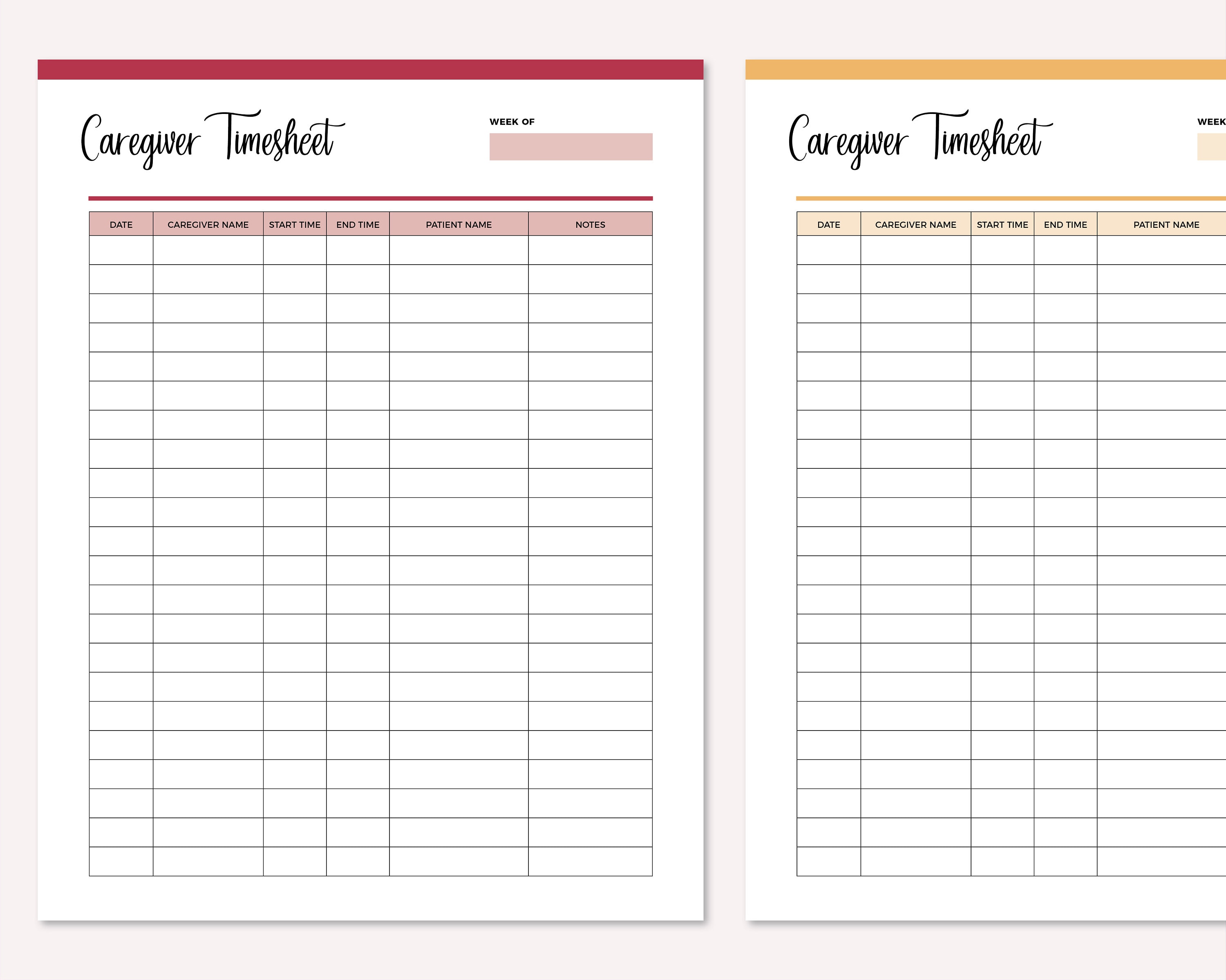 Printable Caregiver Timesheet Home Health Care Time Sheet Etsy UK