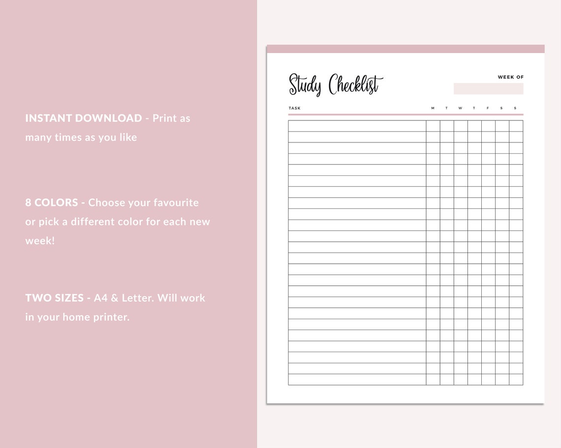 Printable Study Checklist Print at Home Daily Study Chart - Etsy