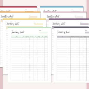 May include: A set of printable inventory sheets in various colours, including red, orange, yellow, green, pink, purple, and grey. Each sheet has a title "Inventory sheet" and columns for item, quantity, purchase date, purchase price, cost, sale price, profit, and amount.