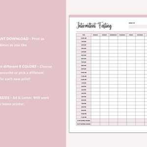 May include: Printable intermittent fasting tracker with a grid for each day of the week. The tracker includes a section for noting the number of eating and fasting hours. The text "Intermittent Fasting" is written in cursive at the top of the page.