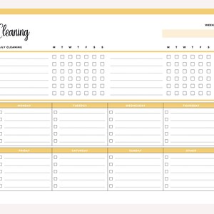 Yellow daily cleaning checklist printable showing the chore chart format with dotted task lines, multiple checkbox rows per day, and clear day-of-week column headers for weekly organization.
