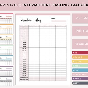 May include: Printable intermittent fasting tracker in PDF format. The tracker is a grid with days of the week and times of day. The tracker is available in 8 colors: red, orange, yellow, green, blue, peach pink, purple, and grey.