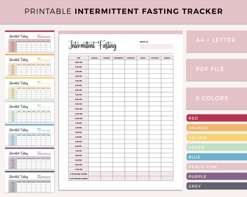 May include: Printable intermittent fasting tracker in PDF format. The tracker is a grid with days of the week and times of day. The tracker is available in 8 colors: red, orange, yellow, green, blue, peach pink, purple, and grey.