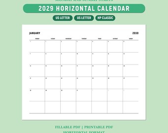 2030 Kalender druckbar, 2030 Monatskalender, horizontaler Querformat Kalender, 2030 Jahresplaner, A4/Letter/Happy Planner, ausfüllbares PDF