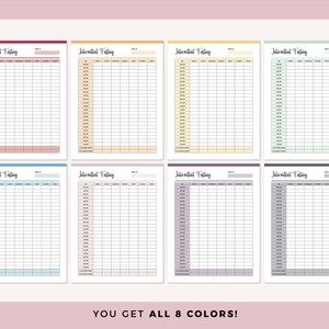 May include: Eight printable intermittent fasting tracker sheets in different colors: pink, yellow, green, blue, light pink, purple, gray, and dark gray. Each sheet has a grid with columns for date, time, and notes.