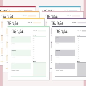 May include: A set of six printable weekly planner pages in different pastel colors. Each page has a section for "This Week", "Week of", "To Do", and "Notes".
