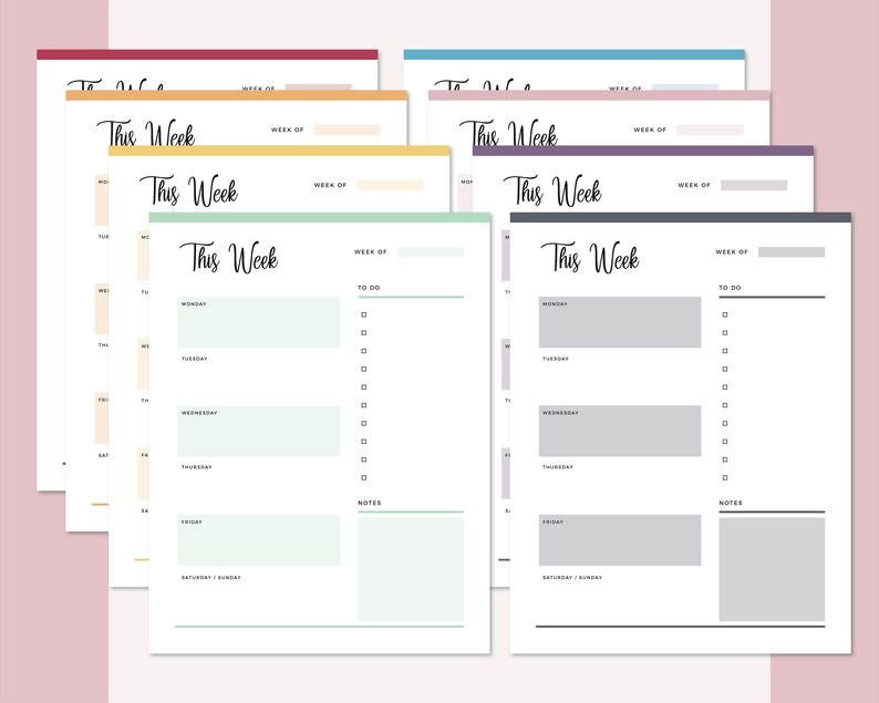 May include: A set of six printable weekly planner pages in different pastel colors. Each page has a section for "This Week", "Week of", "To Do", and "Notes".
