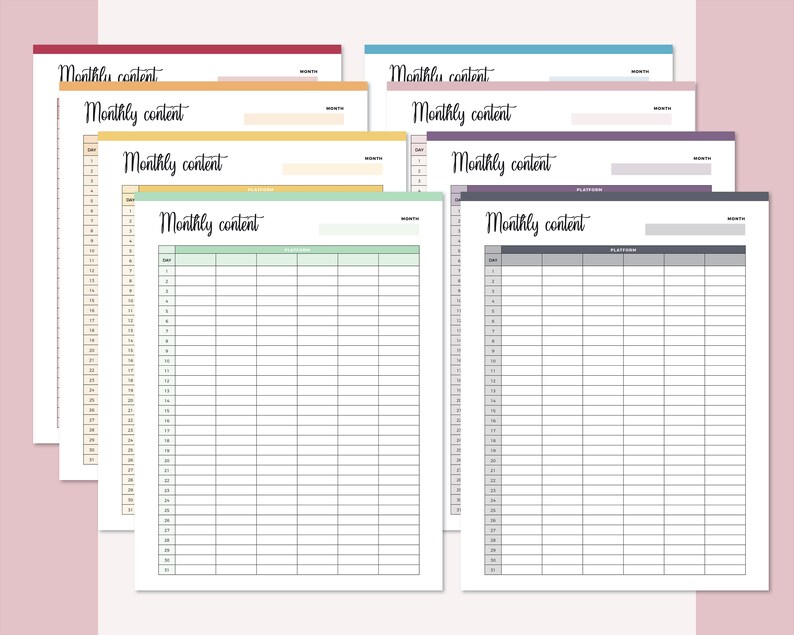 May include: Six printable monthly content calendar pages in different pastel colors: red, orange, yellow, green, purple, and gray. Each page has a grid with columns for date, content, and platform.
