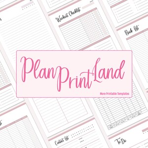 K&ouml;nnte beinhalten: Eine Sammlung von druckbaren Planerseiten mit Titeln wie "Notizen", "Workout-Checkliste", "Buchliste", "Kontaktliste", "To Do" und "Filmliste". Die Seiten sind in einem rosa und wei&szlig;en Farbschema gestaltet und verf&uuml;gen &uuml;ber eine handschriftliche Schriftart.