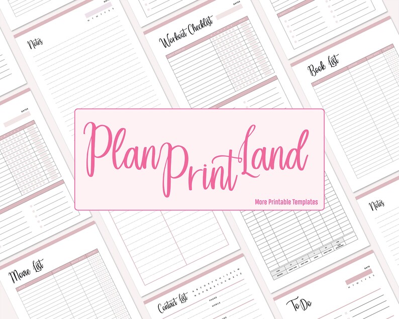 K&ouml;nnte beinhalten: Eine Sammlung von druckbaren Planerseiten mit Titeln wie "Notizen", "Workout-Checkliste", "Buchliste", "Kontaktliste", "To Do" und "Filmliste". Die Seiten sind in einem rosa und wei&szlig;en Farbschema gestaltet und verf&uuml;gen &uuml;ber eine handschriftliche Schriftart.
