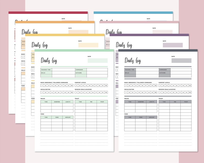 May include: Set of six printable daily log pages for dog owners. Each page features a light green, light yellow, light blue, light pink, light purple, and light gray background. The pages include sections for training time, basic obedience, comfort levels, walks, and food.