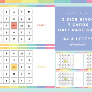 Bingo de dados imprimible, Bingo de 2 dados, juegos para niños imprimibles, actividades para niños, juegos de matemáticas, juegos divertidos de aprendizaje, tamaño A4 y carta estadounidense