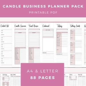 Peut inclure: Ensemble de planificateur d'entreprise de bougies imprimable avec 88 pages aux formats A4 et lettre. Le planificateur comprend des pages pour les listes de contacts, les expériences de bougies, les recettes finales, la suite, les tests, les événements de vente, les calculs rapides des coûts, les listes de parfums, les listes de contrôle d'utilisation des bougies et les listes de produits. Le planificateur est disponible en 8 couleurs : rouge, orange, jaune, vert, bleu, rose pêche, violet et gris.