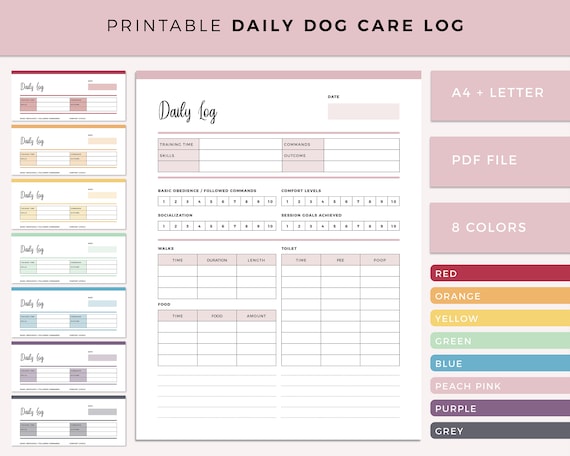 Printable Daily Pet Care Log, Dog Care Log, Dog Report Card, Pet Report Card, Daily Food and Walk Tracker for New Puppies, A4 and US Letter