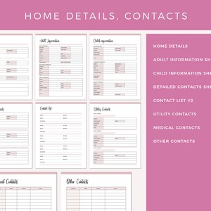 Emergency binder home details and contacts section displaying multiple printable pages including home details sheet, adult information sheet, child information sheet, detailed contacts, contact list, utility contacts, medical contacts, and other contacts forms.
