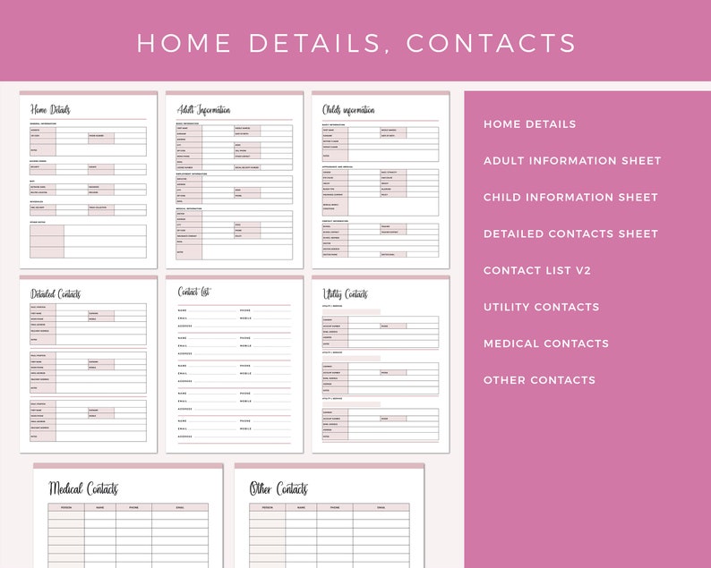 Emergency binder home details and contacts section displaying multiple printable pages including home details sheet, adult information sheet, child information sheet, detailed contacts, contact list, utility contacts, medical contacts, and other contacts forms.
