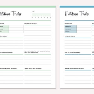 Two Meltdown Tracker pages side-by-side in green and blue, each showing the complete special needs carer template with Information table, meltdown explanation area, triggers section, and sensory level tracking fields.