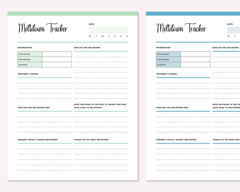 Two Meltdown Tracker pages side-by-side in green and blue, each showing the complete special needs carer template with Information table, meltdown explanation area, triggers section, and sensory level tracking fields.