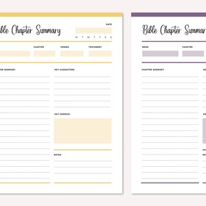 Two-page spread of Bible study printables in yellow and purple featuring the chapter summary template with colored header bars, date pickers, writing lines for summaries and key characters, key verse(s) boxes, and notes areas.