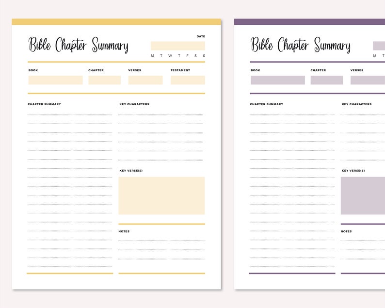 Two-page spread of Bible study printables in yellow and purple featuring the chapter summary template with colored header bars, date pickers, writing lines for summaries and key characters, key verse(s) boxes, and notes areas.