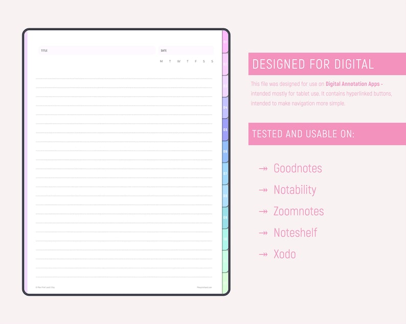 K&ouml;nnte beinhalten: Eine digitale Planervorlage mit einem rosa, blauen und gr&uuml;nen Farbschema. Die Vorlage ist f&uuml;r die Verwendung mit digitalen Anmerkungs-Apps wie Goodnotes, Notability, Zoomnotes, Noteshelf und Xodo konzipiert. Die Vorlage enth&auml;lt einen Titelbereich, einen Datumsbereich und einen linierten Bereich zum Notieren.