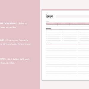 K&ouml;nnte beinhalten: Druckbare Rezeptvorlage mit Abschnitten f&uuml;r Details, Zutaten, Anweisungen und Notizen. Die Vorlage hat einen rosa Hintergrund und ist in 8 Farben und zwei Gr&ouml;&szlig;en erh&auml;ltlich.