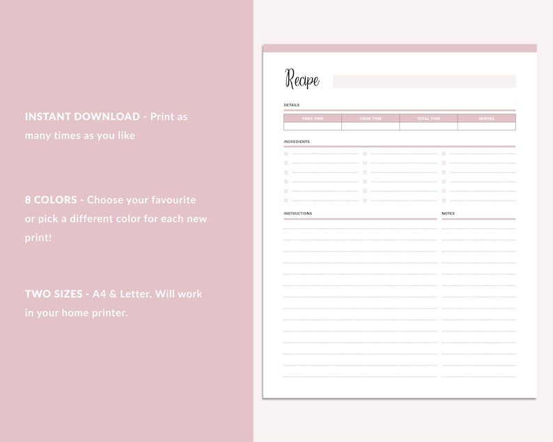 K&ouml;nnte beinhalten: Druckbare Rezeptvorlage mit Abschnitten f&uuml;r Details, Zutaten, Anweisungen und Notizen. Die Vorlage hat einen rosa Hintergrund und ist in 8 Farben und zwei Gr&ouml;&szlig;en erh&auml;ltlich.