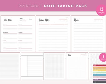 Printable Notes Pages | Print at home planner pages note taking pack | Planning pages and organization | A4 and Letter size colored