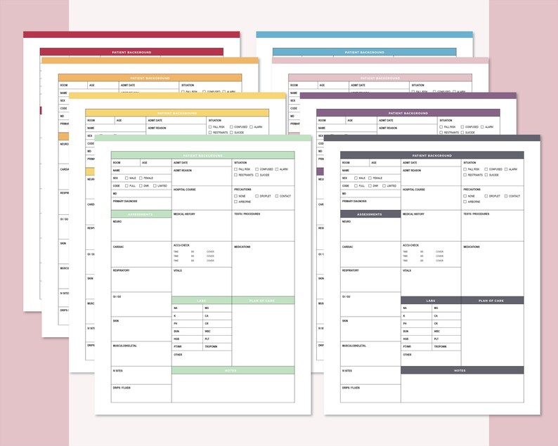 Fanned stack of nurse report sheets showing the 8 color options