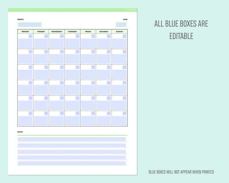 Green-topped calendar template showing editable blue boxes throughout the weekly grid and notes section, illustrating which elements are editable in the calendar template.