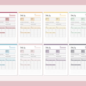 May include: Eight printable daily log pages with different colored headers. Each page has sections for "Today's Focus", "Morning Routine", "Meals & Hydration", "Work/School", "Evening Routine", "Gratitude", "Notes", and "Sleep".
