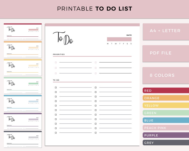 Printable To Do List Daily, weekly to-do pdf planner checklist A4 and Us letter size print at home task checklist, organizer list image 1
